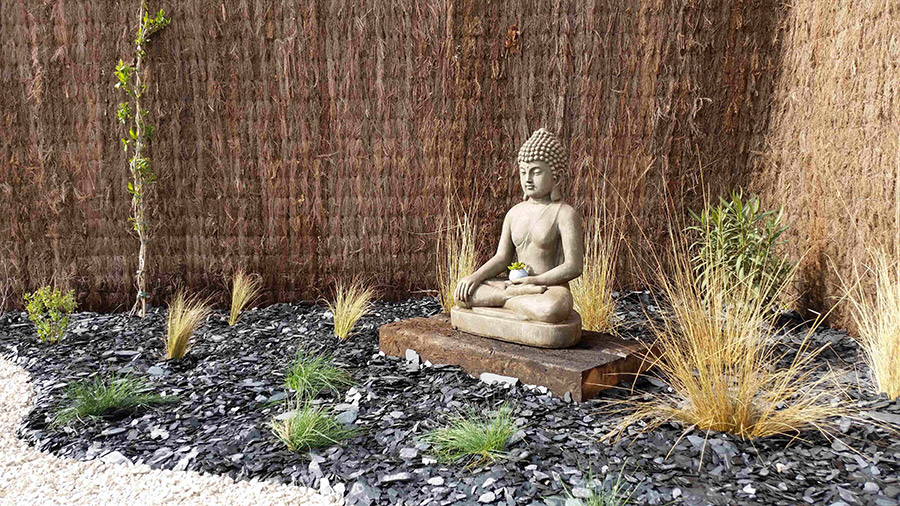 paysagiste fabrègues Jardin Sec statue Bouddha